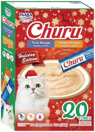 INABA Churu Cat Treats, Lickable, Squeezable Creamy Purée Cat Treat with Vitamin E, 0.5 Ounces Each Tube, 20 Tubes, Holiday Variety Pack