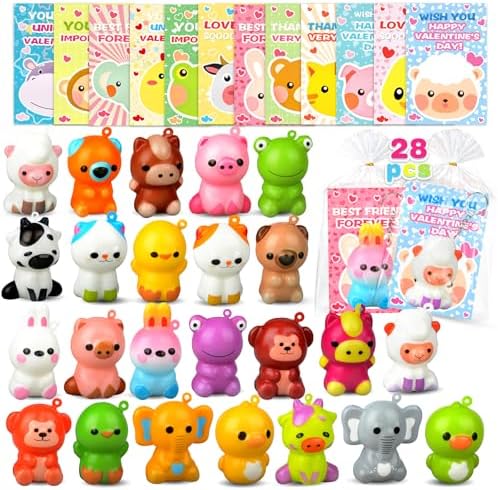digi Valentines Day Gifts for Kids, 28 PCS Animal Squishy Toys Keychains with Valentines Day Cards, Valentines Day Classroom Exchange Party Favors for kids Over 3 years old