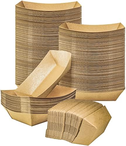 MotBach 100 Pack 2lb Kraft Paper Food Trays, Heavy-Duty Paper Food Boat Disposable Serving Basket Tray for French Fries Nachos Snack Hot Dog Taco BBQ Popcorn Party Picnic Wedding Party (Brown)