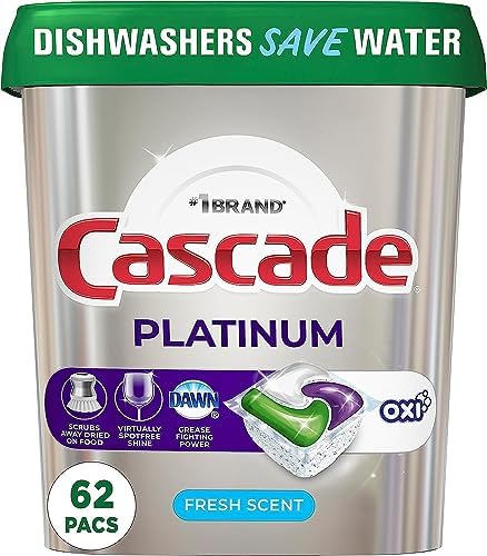 Cascade Platinum Dishwasher Soap Pods, Actionpacs + Oxi, Fresh, 62 Count of Dishwasher Detergent Pods