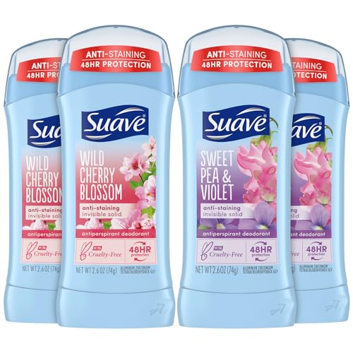Suave Deodorant Antiperspirant for Women, Variety Pack – Sweet Pea & Violet + Wild Cherry Blossom, 48H Protection, Anti-Staining, 2.6 Oz Ea (4 Piece Set)