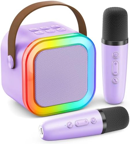 Karaoke Machine for Kids Adults, Portable Bluetooth Mini Karaoke Microphone Singing Speaker with 2 Wireless Mic and Light,Toys for All Smartphones,Birthday, Family,Home Party (Purple)
