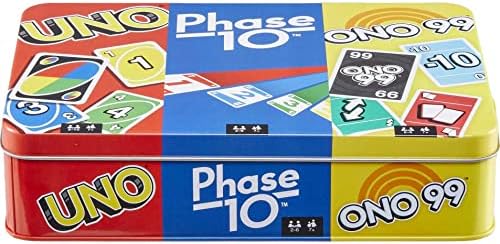 Mattel Games Set of 3 Card Games with UNO, Phase 10 & ONO 99, Travel Fun for Kids & Family Night with Storage Tin Box (Amazon Exclusive)