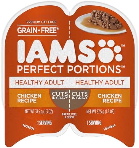 IAMS PERFECT PORTIONS Healthy Adult Grain Free* Wet Cat Food Cuts in Gravy, Chicken Recipe, 1.3 Ounce (Pack of 48). Easy Peel Twin-Pack Trays