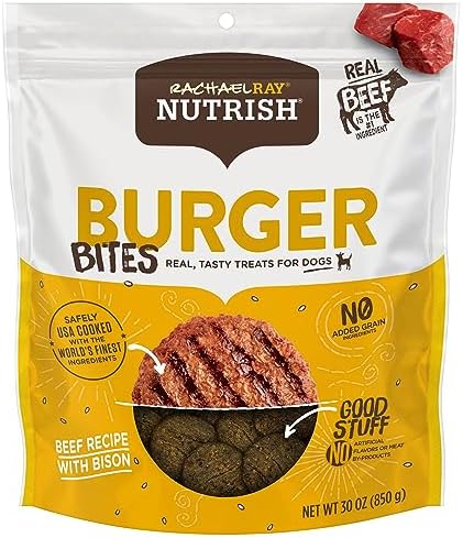 Nutrish Rachael Ray Burger Bites Real Meat Dog Treats, Beef Burger with Bison Recipe, 30 Ounces (Pack of 1), Grain Free