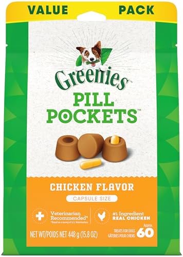 Greenies Pill Pockets for Dogs Capsule Size Natural Soft Dog Treats Chicken Flavor, 15.8 oz. Pack (60 Treats)