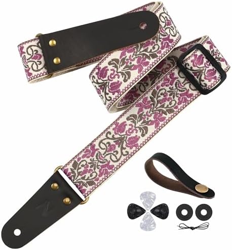 Nefelibata Guitar Strap, 2" Jacquard Embroidery Guitar Straps, Full Grain Leather Ends with Hidden Pocket, for Bass, Electric and Acoustic Guitars, Strap Button, Strap Locks and Guitar Picks