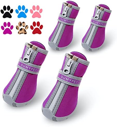 QUMY Dog Shoes for Small Dogs, Puppy Dog Boots & Paw Protector for Winter Snow Day, Summer Hot Pavement, Waterproof in Rain Weather, Ourdoor Hiking, Indoor Hardfloors Skid-resistant Sole Purple Size 1