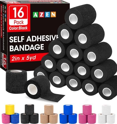 AZEN 16 Pack Self Adhesive Bandage Wrap Black, 2" X 5 Yards Black Athletic Tape, Vet Wrap, Tattoo Grip Tape Wrap，Ankle Tape, Cohesive Bandage Wrap