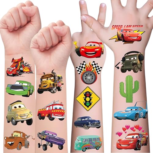 Racing Car Temporary Tattoos - 57Pcs Truck Tractor Vehicle Tattoos Gift Idea For Kids Birthday Party Favors Decorations Supplies Festival Summer 4 sheets