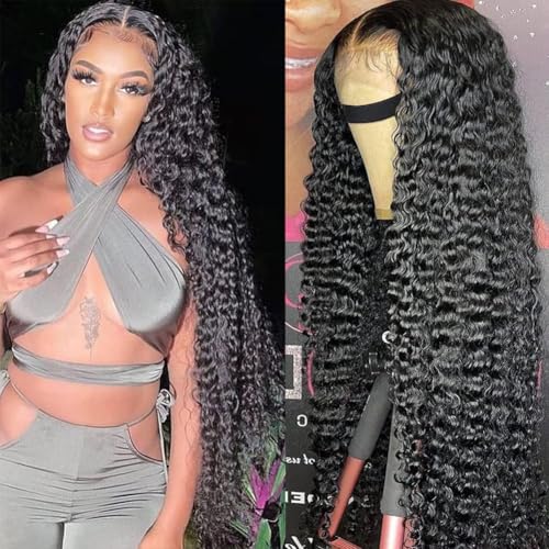 30 Inch 13x6 Deep Wave Lace Front Wigs Human Hair HD Transparent Curly Lace Frontal Wig Human Hair for Black Women Glueless Wigs Human Hair 220% Density Wet and Wavy Wigs Pre Plucked with Baby Hair