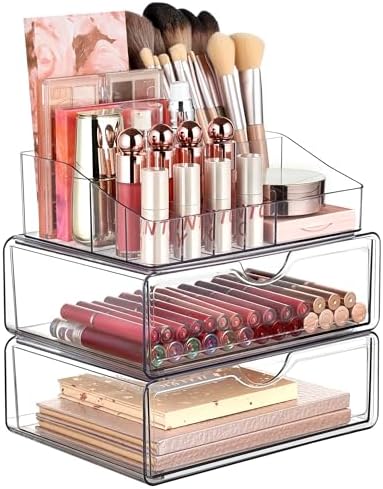 Vtopmart 3 Tier Clear Makeup Organizer with Drawer, Cosmetic Storage for Dresser Countertop and Bathroom Vanity, Beauty Holder for Lipstick Brush Skincare