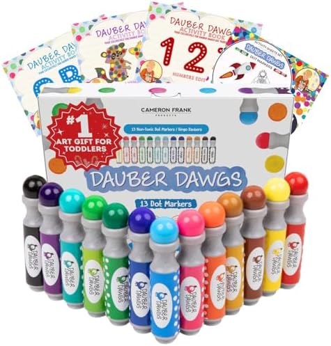 Washable Dot Markers 13 Pack With 121 Activity Sheets For Kids, Gift Set With Toddler Art Activities, Preschool Children Arts Crafts Supplies Kit, Special Holiday Bingo Dabbers Dobbers, Dauber Dawgs