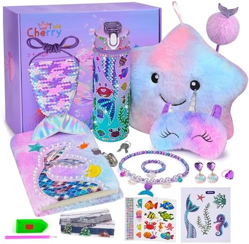 Mermaid Gifts for Girls Age 4 5 6 7 8 9 10, Girls Mermaid Birthday Gifts Set with Light Up Star Pillow Diary Plush DIY Water Bottle Kits Christmas Presents Toys