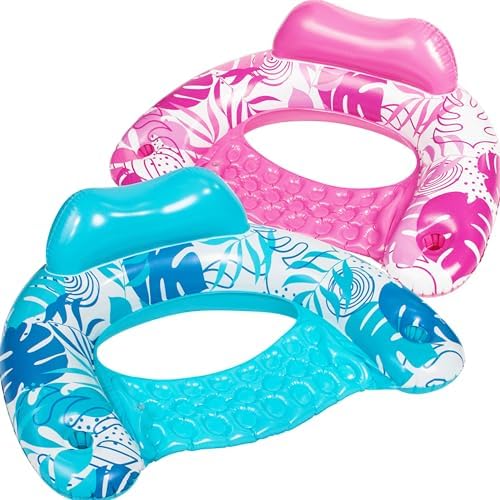 SLOOSH Inflatable Pool Floats Adult,2 Pack Pool Chairs with Cup Holders,Blow up Floats Chair,Hammock Noodle Mat Leaves Design for Relaxing Summer Water Fun Swimming Party Beach
