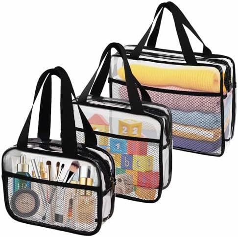 XEWEA Clear Travel Toiletry Bags with Mesh Pocket, 3 Pack Large Small TSA Approved Transparent Makeup Bag for Men Women,Waterproof PVC Quart Organizer Kit with Zipper for Toiletries Airline Essentials