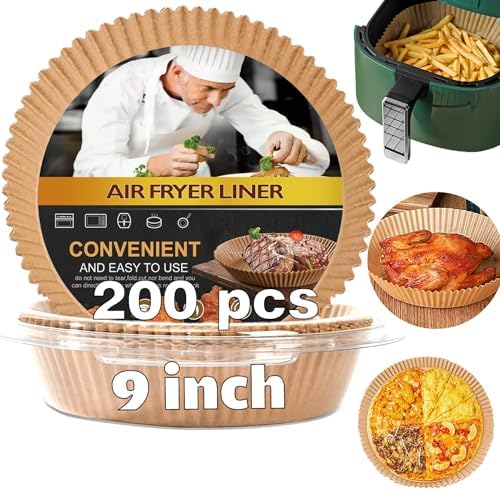 Disposable Air Fryer Paper Liners 200pcs, 9 Inch Round Parchment Paper Liners for 4 qt 5 qt 6 qt Ninja Power XL Gourmia Air Fryer, Fryer Paper Pads Baking Paper for Oven Roasting Microwave