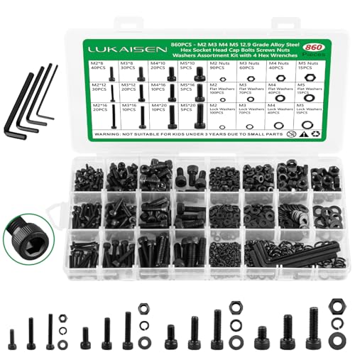860PCS Metric Screw Assortment Kit, M2 M3 M4 M5 Machine Screws with Lock & Flat Washers, 12.9 Grade Alloy Steel, Metric Hex Socket Head Cap Nuts and Bolts Assortment Kit with 4 Wrenches