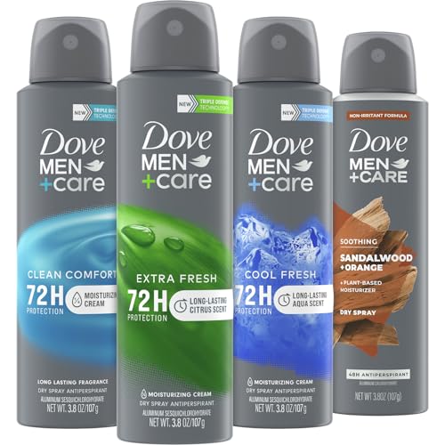 Dove Men+Care Dry Spray Antiperspirant Variety 4-Pack – Scented, Non-Irritating with Vitamin E, 72H Sweat & Odor Protection, 3.8 Oz Ea
