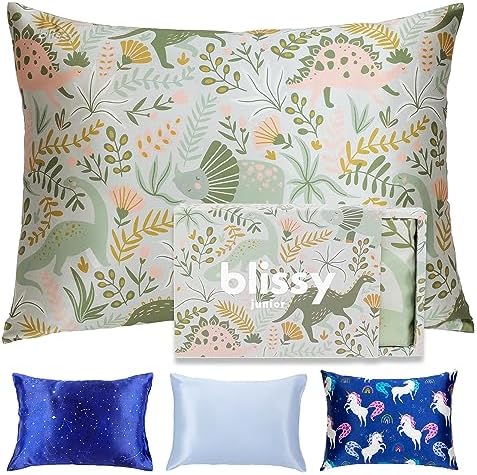 Blissy Toddler Silk Pillowcase - 100% Pure Mulberry Silk - 22 Momme 6A High-Grade Fibers - Soft and Gentle Silk Pillowcase for Kids Hair and Skin (Toddler 13 x 18 in, Dinosaur)