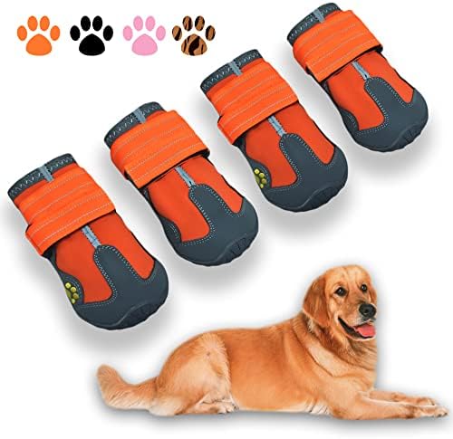 XSY&G Dog Boots,Waterproof Dog Shoes,Dog Booties with Reflective Strips Rugged Anti-Slip Sole and Skid-Proof,Outdoor Dog Shoes for Medium Large Dogs 4Pcs Orange-Size 7