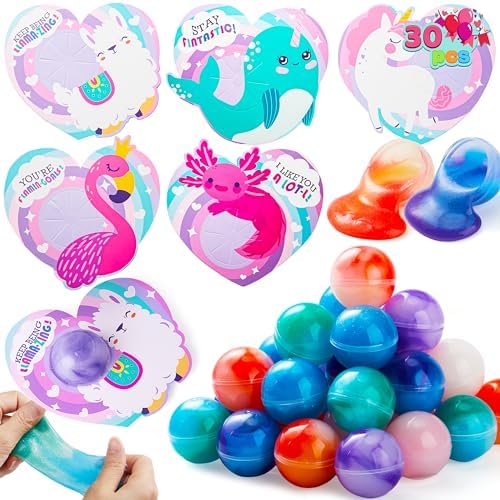 JOYIN 30 Packs Valentine’s Day Gift Cards with Rainbow Slime Stress Relief Fidget Toy for Classroom Exchange Prizes, Valentine Party Favors, Classroom Exchange Gifts