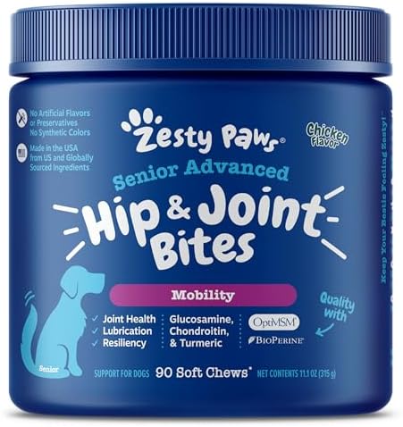 Zesty Paws Mobility Bites Joint Supplement for Dogs - Soft Chews with Glucosamine for Dogs, Chondroitin, & MSM + Vitamins C and E - Adv Chicken - 90 Count