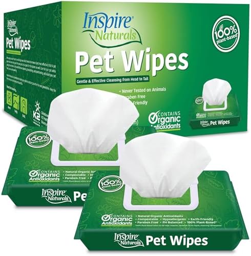 Inspire Naturals Pet Wipes for Dogs and Cats 100% Natural Plant Based with Organic Antioxidants, Dog Wipe Cleaning Deodorizing | Puppy Wipes | Dog Wipes for Paws and Butt(100ct - 2 Pack)