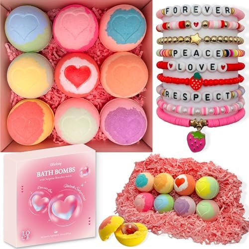 Bath Bombs for Kids with Surprise inside, 9 Heart Imprint Kids Bath Bombs for Girls, Toddler Bath Bombs with Bracelets inside, 3 4 5 6 7 8 Year Old Girl Birthday Gifts Christmas Stocking Stuffers Kids