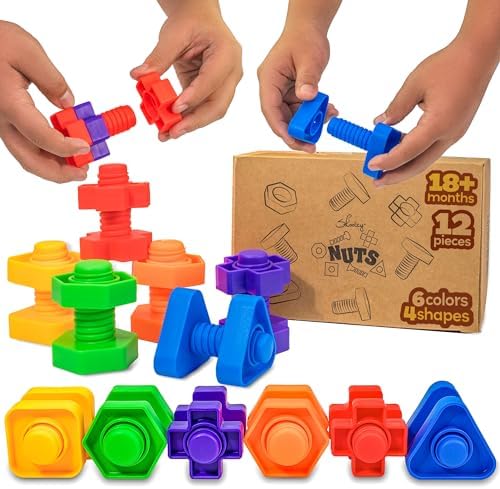 Skoolzy Toddler Toys, 12 Pc Jumbo Nuts and Bolts for Kids, 18 Month Old Toys, Montessori Toys for 2+ Year Old, Toddler Travel Toys, Fine Motor Skills Toys for 2 Year Old