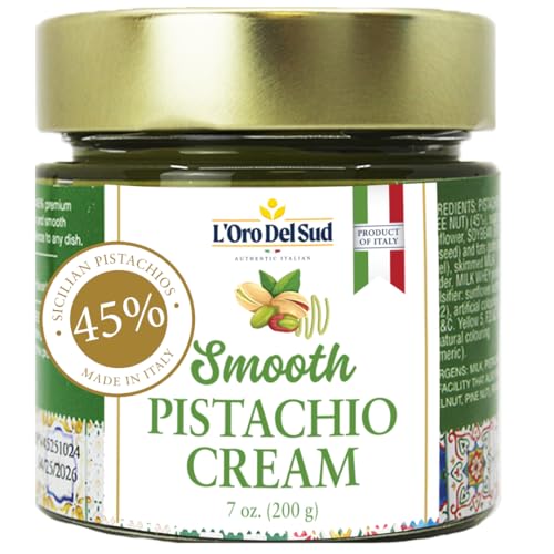 Pistachio Cream, Premium 45%, Smooth Sicilian Pistachio Spread, 7 oz (200g), Contains 45% Pistachio nuts, Sweet Pistachio Butter, Product of Italy, L’Oro Del Sud