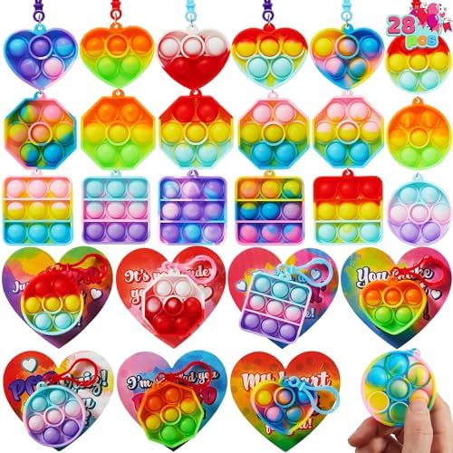 JOYIN 28 Pcs Valentines Gift Cards with Pop Bubble Keychains for Kids, Pop Keychain Stress Relief Fidget Toys with Cards for Kids Classroom Exchange Prizes, Valentine Party Favors