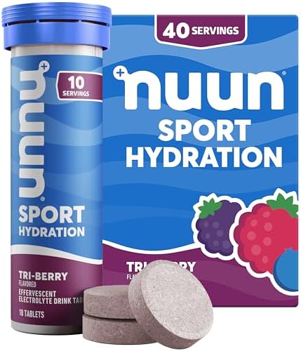 Nuun Sport Electrolyte Tablets - Dissolvable in Water, Tri Berry, 5 Essential Electrolytes for Hydration, 1g Sugar Drink Mix, Vegan, Non-GMO, 4 Pack (40 Total Servings)