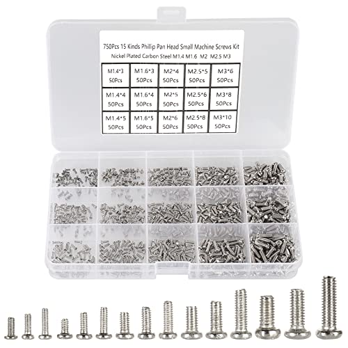 750pcs M1.4/M1.6/M2/M2.5/M3 Phillips Pan Head Small Machine Screws,Tiny Screw,Micro Little Screws,Mini Screw Assortment Kit for Watch,Toy,Electronic Equipment Repair,Nickel-Plated Carbon Steel