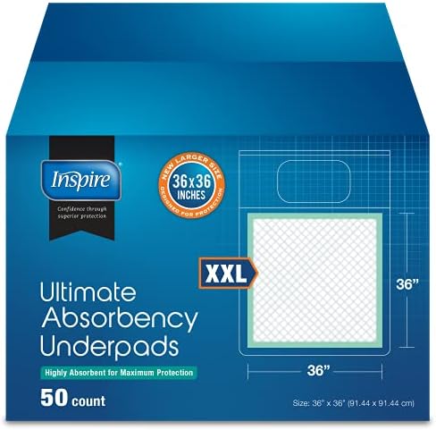 Inspire Extra Large Super Absorbent Disposable Bed Pads for Incontinence (36" X 36" Pack of 50) Ultra Thick and Absorbent Underpads Chux Adults, Puppies, Dogs Kids Furniture Protection