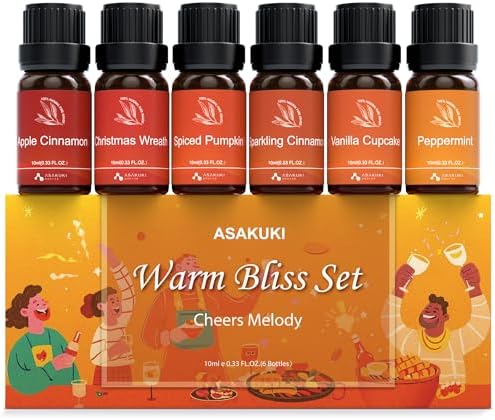 ASAKUKI Essential Oils for Diffusers for Home, Fragrance Oil for Candle Making, Peppermint, Vanilla Cupcake, Sparkling Cinnamon, Spiced Pumpkin, Christmas Wreath and Apple Cinnamon 6 x 10 ml
