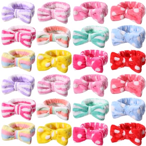 WILLBOND 24 Pack Spa Headband Bow Hairband Facial Makeup Women Face Wash Adjustable Skincare Headbands Flannel Towel Soft Head Wraps for Women Shower Washing Face(Vivid Pattern)
