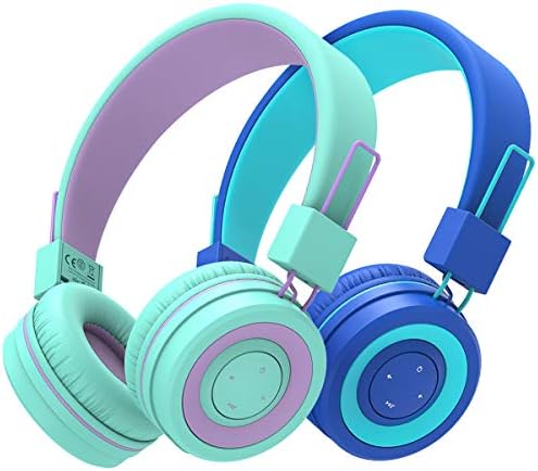 iClever [2 Pack BTH02 Kids Bluetooth Headphones for School with MIC, 85dBA Volume Protection, Adjustable Foldable,for iPad/Tablet/Airplane, Green/Blue