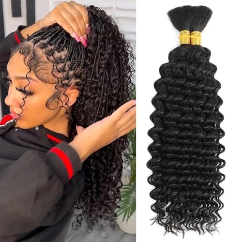 Human Braiding Hair 2 Bundles/Pack 100g Deep Wave Human Bulk Hair for Braiding No Weft 10A Brazilian Virgin Human braiding Hair for Boho Braids Extensions (Natural Color, 16 inch)