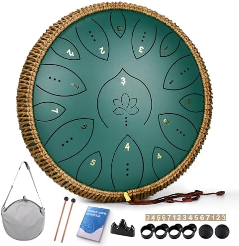 Steel Tongue Drum, 13 Inches 15 Notes Tongue Drum, Steel Drums for Adults, Steel Pan Drum Song Book, Hand Pan Drum Mallets, Handpan C Major, Green