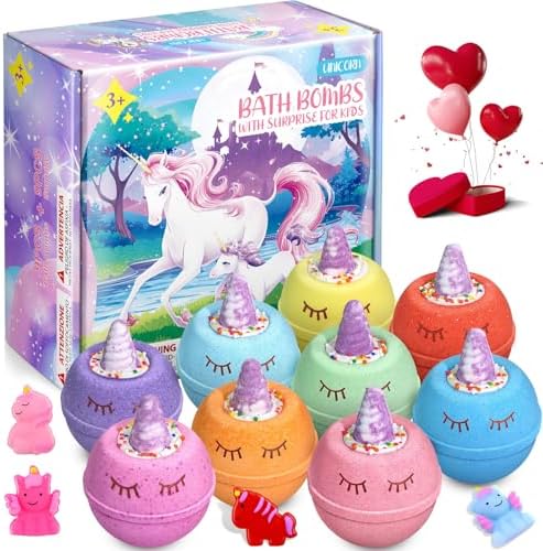 Unicorn Gifts for Kids, Valentines Day Gifts for Kids, 9 Large Natural and Organic Unicorn Bath Bombs for Kids with Surprise Toys Inside, Birthday Gift Set for Teen Girls Boys 3-12