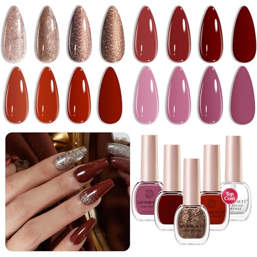 AZUREBEAUTY Nail Polish Set, 4 Colors Rose Red Purple Glitter Quick Dry Natural Vegan Christmas Winter Nail Lacquer Strengthening Treatment Kit with Top Coat DIY Salon at Home