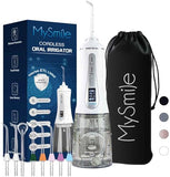 MySmile Powerful Cordless 350ML Water Dental Flosser Portable OLED Display Oral Irrigator with 5 Pressure Modes 8 Replaceable Jet Tips and Storage Bag for Home Travel Use (White)