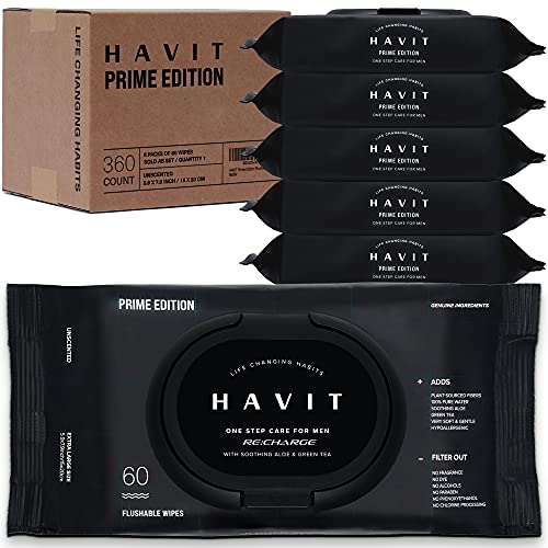 HAVIT Prime Edition Wipes for Men - 360 Flushable Wipes for Adults, Unscented Wet Wipes Infused with Aloe & Green Tea, At-Home Use Dispensers, Septic and Sewer Safe, (Total 360 Wipes - 6 Packs of 60)