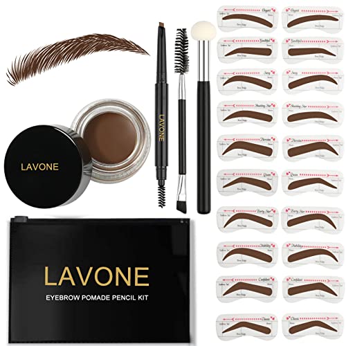 LAVONE Eyebrow Stamp Stencil Kit for Eyebrows, Brow Stamp Trio Kit with Waterproof Eyebrow Pencil, Eyebrow Pomade, 20 Eyebrow Stencils, Dual-ended Eyebrow Brush and Sponge Applicator - Chocolate