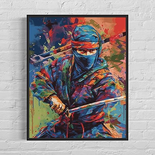 Ninja Art Print Poster, Wall Art Painting Decor. Paint Splash Style Artwork. (Ninja, 16x20 inches + (Black Frame))