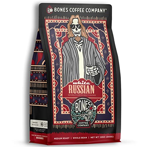 Bones Coffee Company White Russian Flavored Beans, Whole Bean Coffee Medium Roast Low Acid, Cream and Coffee Liqueur Flavor (12 oz)