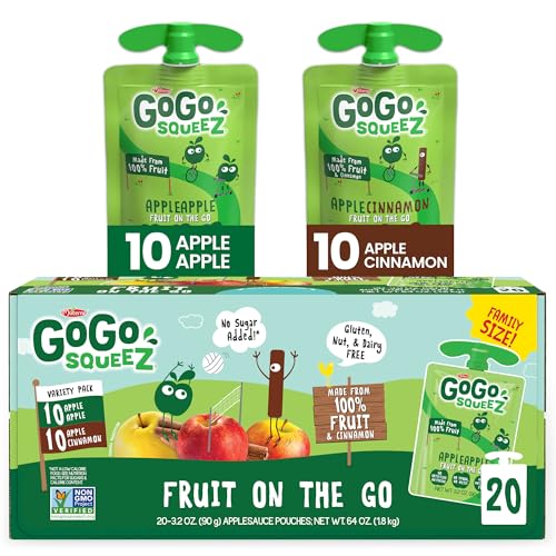 GoGo squeeZ Applesauce and Fruit Puree Variety Pack, Apple & Cinnamon, 3.2 oz (Pack of 20), Unsweetened Fruit Snacks for Kids, Gluten Free, Nut Free and Dairy Free, BPA Free Pouches