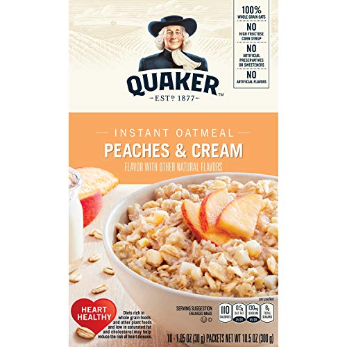 Quaker Instant Oatmeal, Peaches & Cream, Breakfast Cereal, 10 Packets Per Box