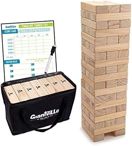 Giantville Giant Tumbling Timber Toy - Premium Pine Wood Life-Size Blocks Tower - Big Floor/Board Indoor/Outdoor Yard Game for Kids & Adults - 56-Pieces + Carry/Storage Bag - Grows to Over 4-Feet